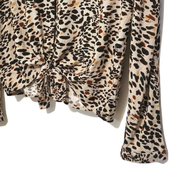 Beachlunchlounge Leopard V Neck Shirt Long Sleeve Button Down Tie Waist Chic M - Picture 5 of 11
